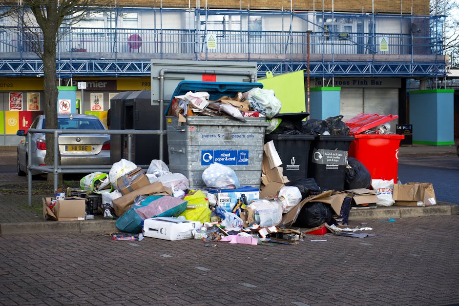 A large outdoor collection of overflowing rubbish bins and scattered waste materials situated on a paved area in front of a building with commercial storefronts. The scene includes various types of garbage bags, some black and others transparent, along with cardboard boxes, paper and plastic packaging, and miscellaneous household waste spilling onto the ground. A prominent grey bin labeled for mixed paper and cardboard is partially open, with magazines, cardboard, and paper protruding from the top. Next to it are black refuse bags and a bright red bin, all filled with waste. A small silver car is parked behind a metal railing on the left side of the image, and a tree is visible in the foreground, partially obstructing the view of the bins. The background features a multi-story building with a metal scaffold and blue safety netting, alongside shopfronts with signs indicating food and grocery outlets, suggesting an urban area where private waste collection services like Rubbish Collection Camden may be involved in handling excess rubbish outside regular collection times.